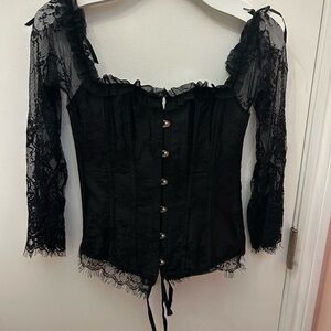 Women's Black Lace Corset Blouse with Sheer Sleeves